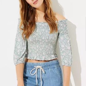 LOFT Green FlorL Smocked Off The Shoulder Top L